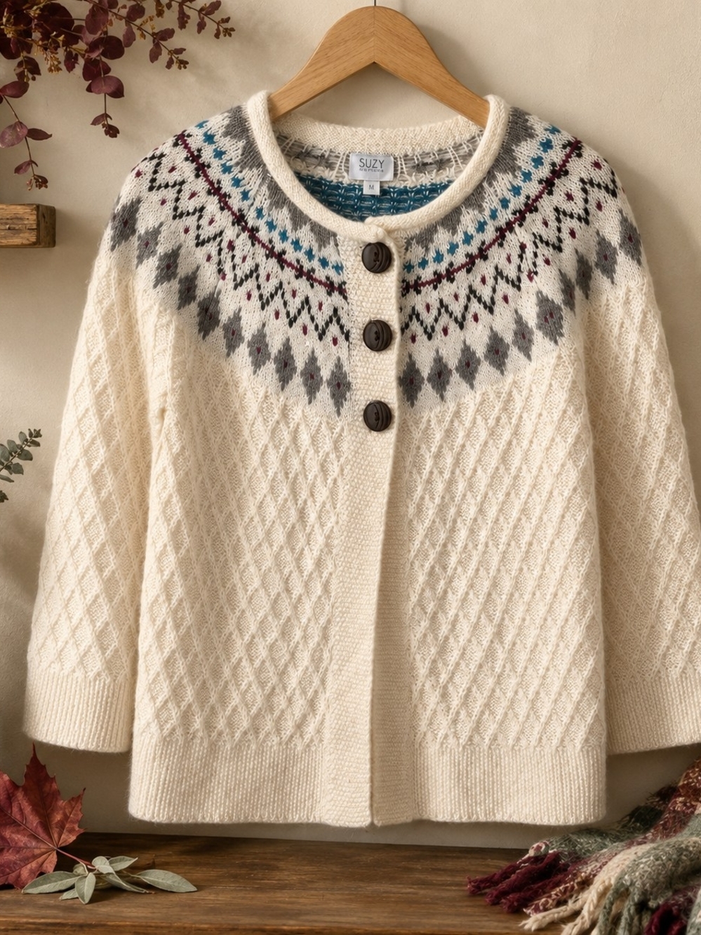 Suzy Shier Fair Isle Cable Knit Cardigan Wool Blend Sweater Cream M